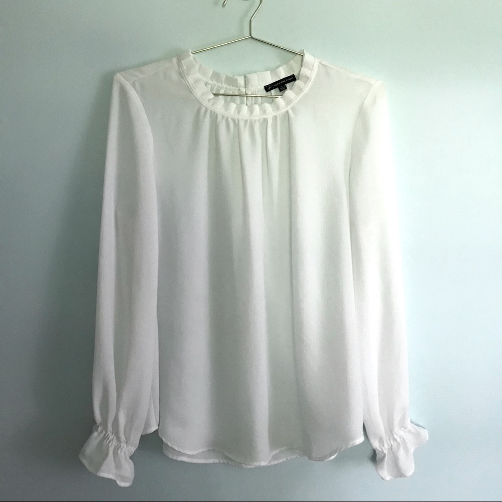 Adrianna Papell White Semi Sheer Ruffle Sleeeve Blouse Long Sleeve